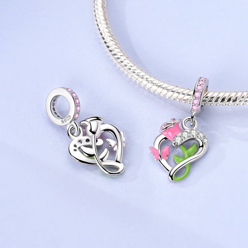 Blooming Rose & Butterfly Heart Dangle Charm