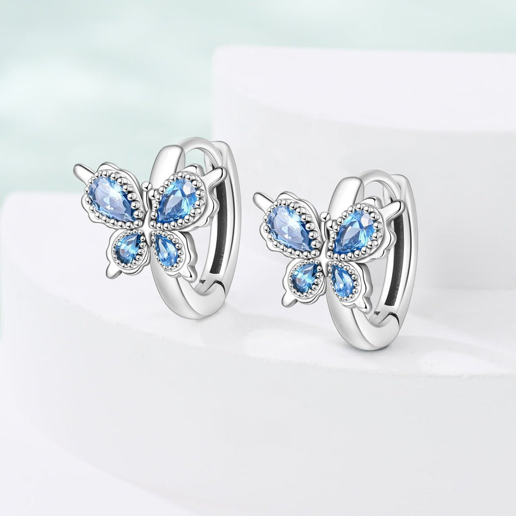 Blue Butterfly with Crystal Wings Hoop Earrings