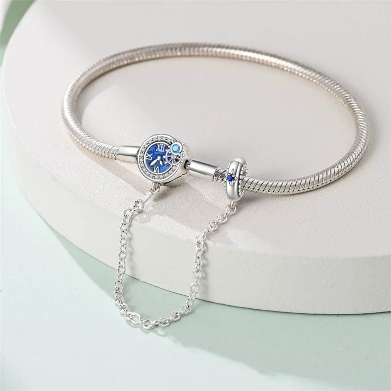 Blue Clock Clasp Bracelet with Safety Chain