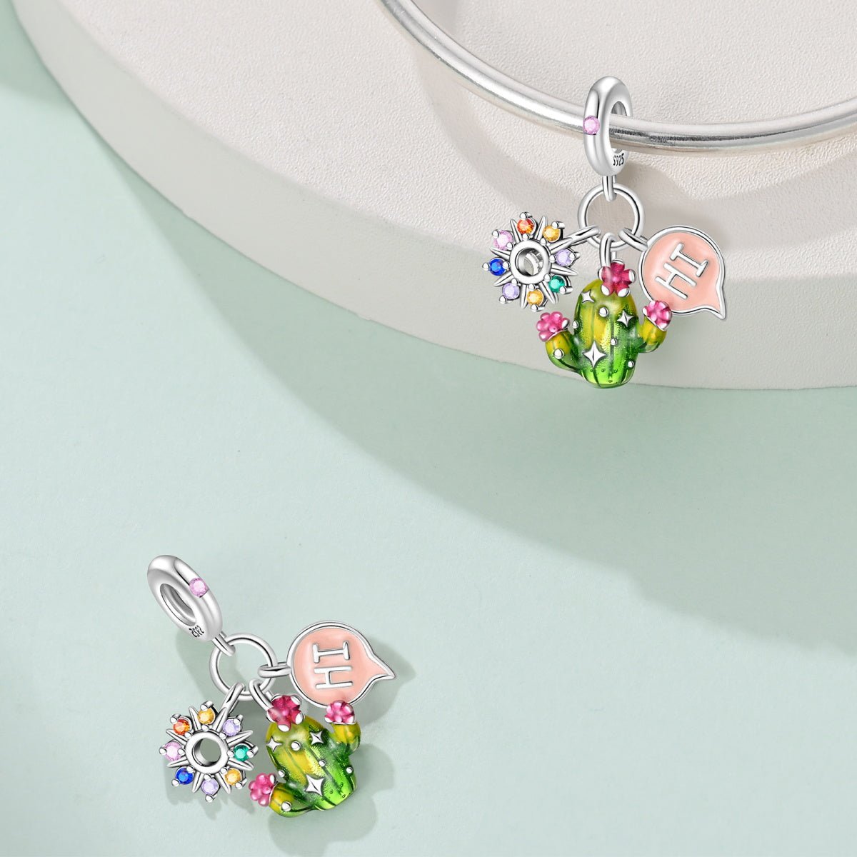 Cactus with Rainbow Flowers & "Hi" Speech Bubble Dangle Charm