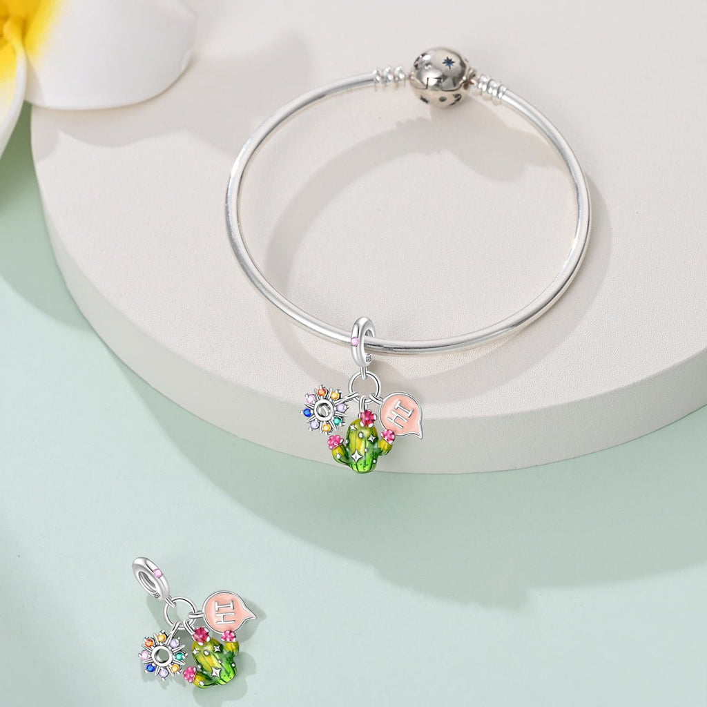 Cactus with Rainbow Flowers & "Hi" Speech Bubble Dangle Charm