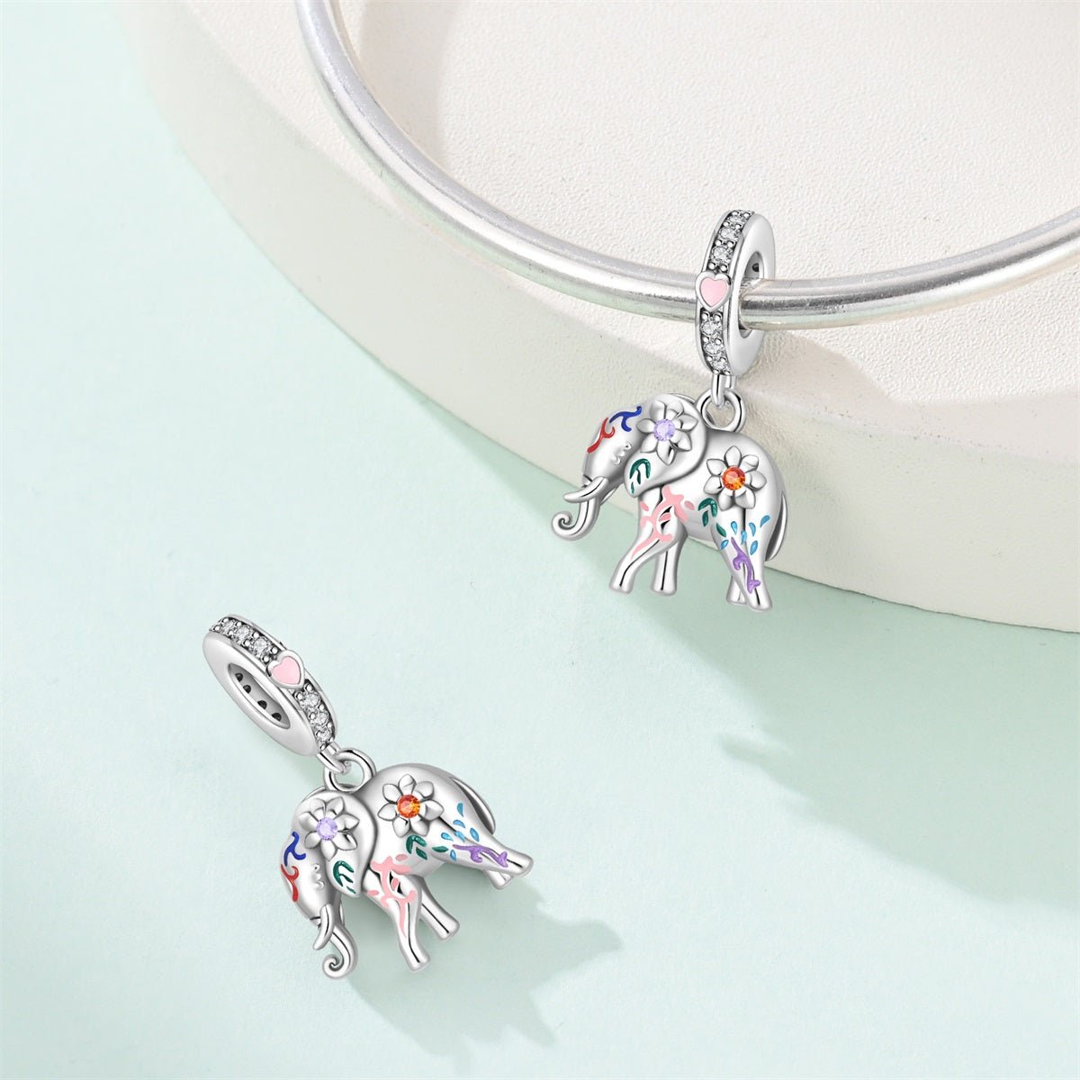 Colorful Elephant with Floral Accents Dangle Charm