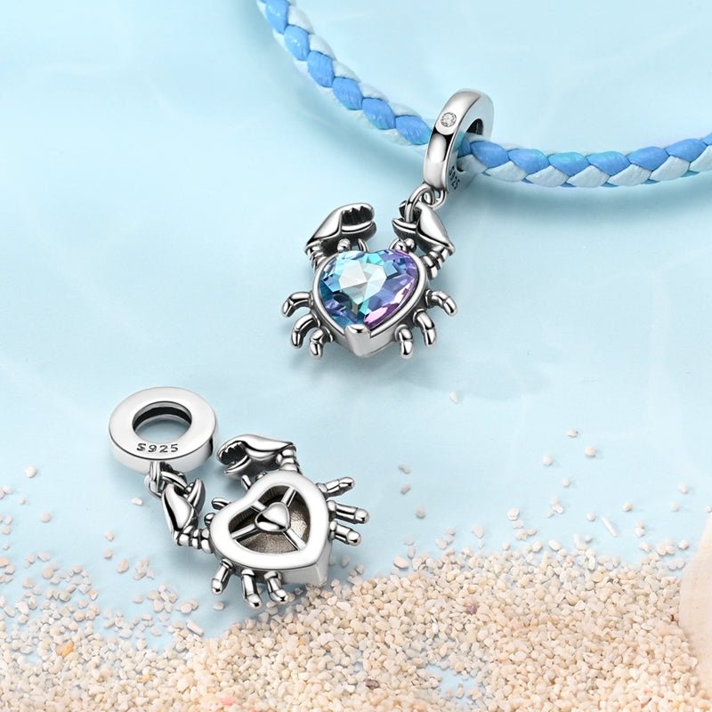 Crab with Heart-Shaped Crystal Dangle Charm