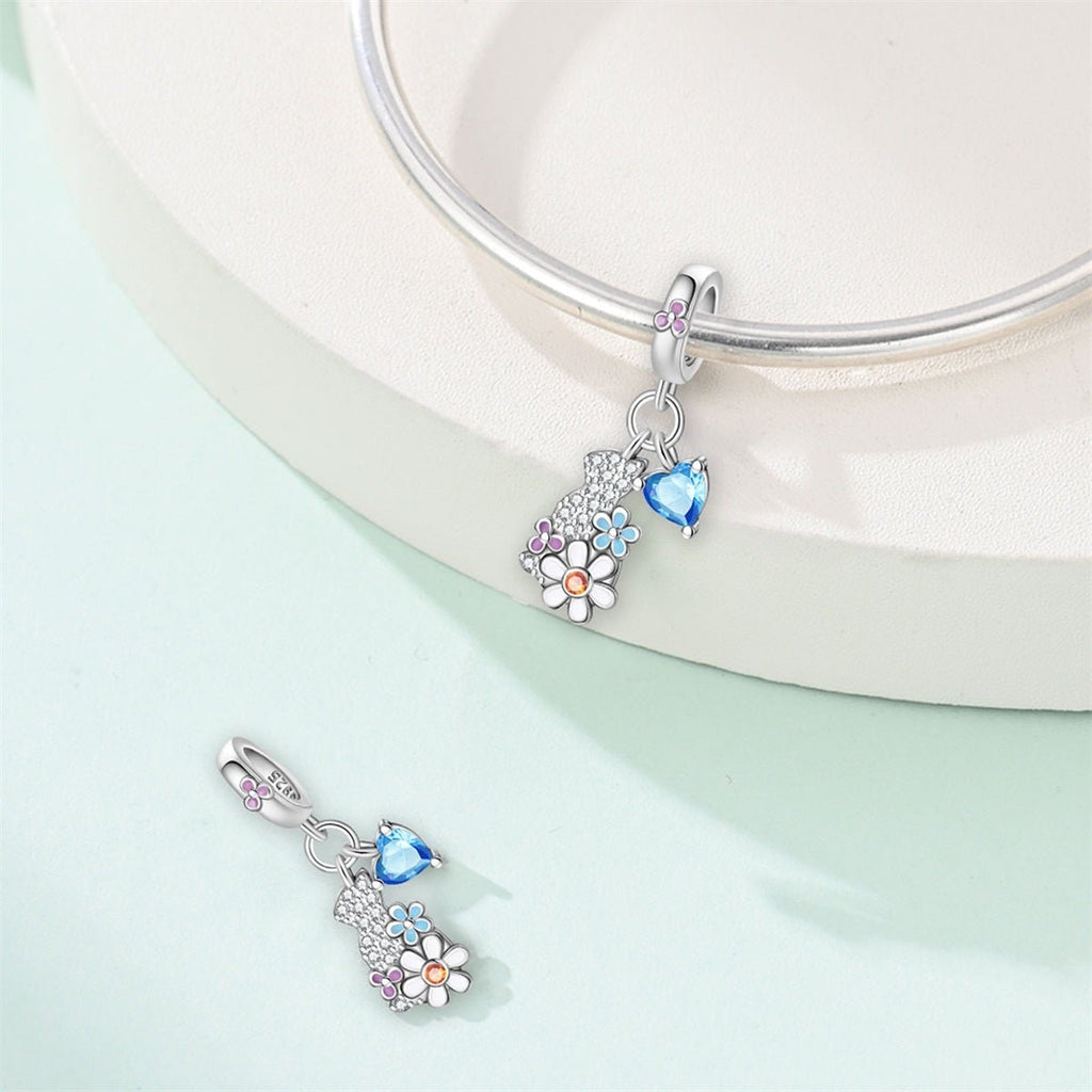 Crystal Cat, Flowers, & Blue Heart Dangle Charm