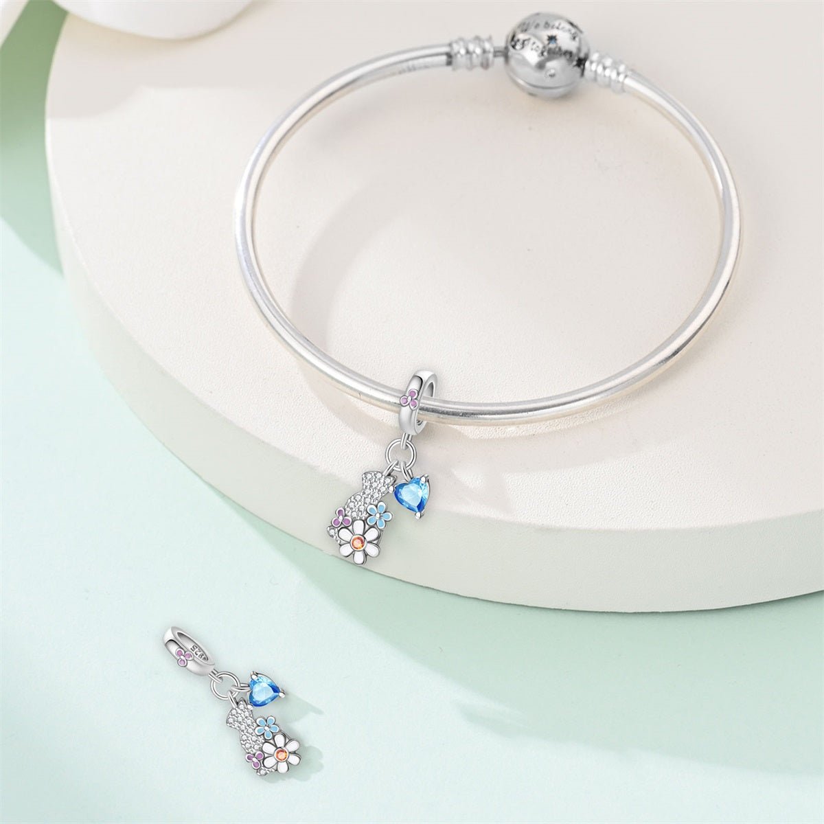 Crystal Cat, Flowers, & Blue Heart Dangle Charm