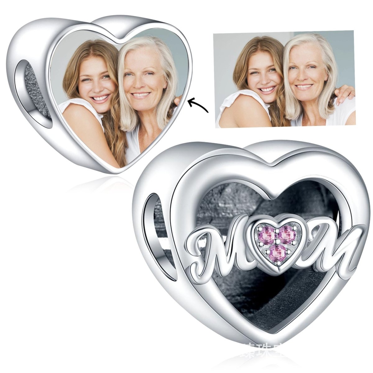Custom Photo Heart "Mom" Charm