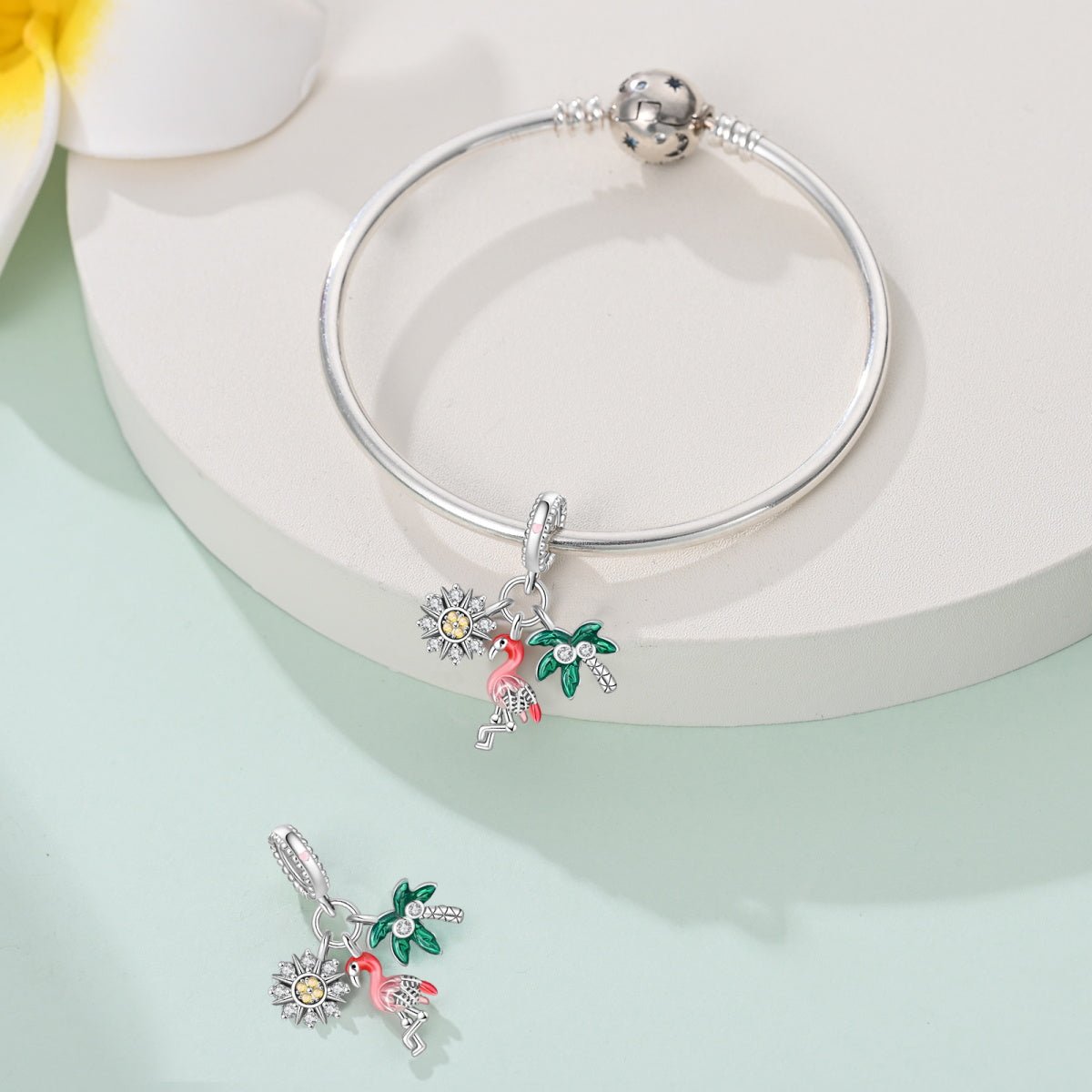 Flamingo, Palm Tree & Sunflower Triple Dangle Charm