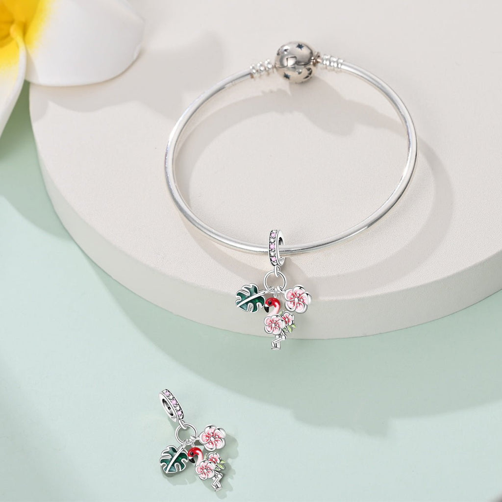 Flamingo, Tropical Leaves & Blossom Flowers Triple Dangle Charm