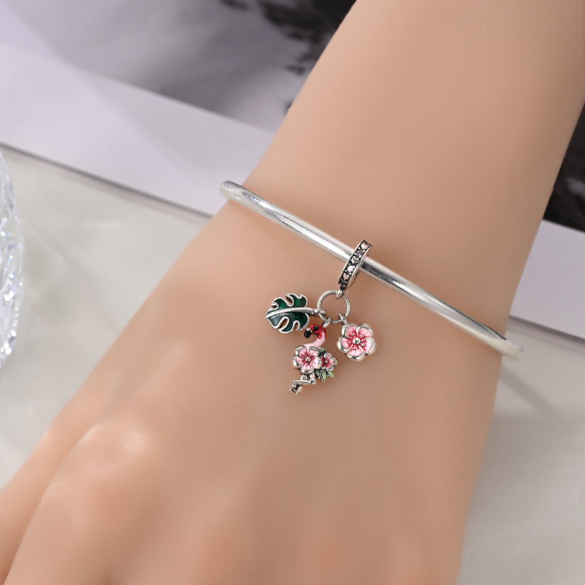 Flamingo, Tropical Leaves & Blossom Flowers Triple Dangle Charm