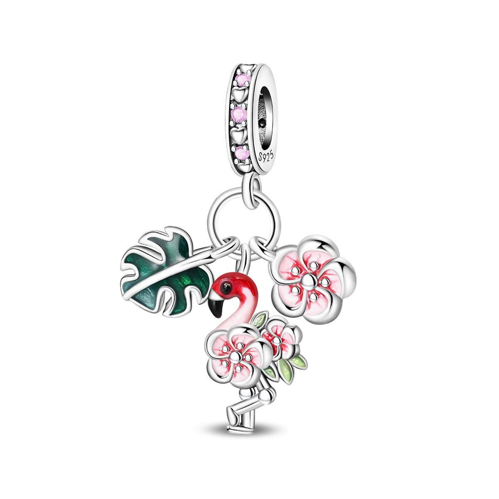 Flamingo, Tropical Leaves & Blossom Flowers Triple Dangle Charm