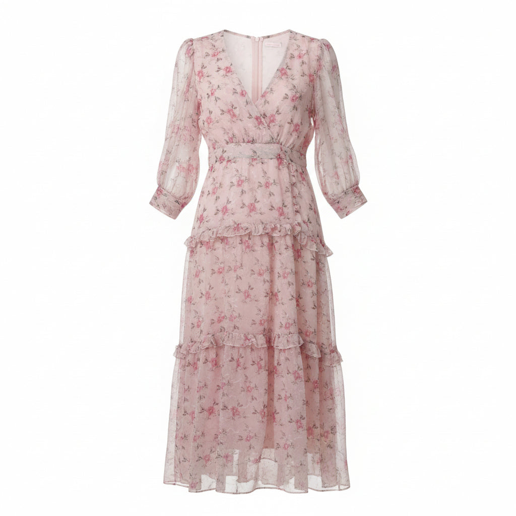 LOVESHACKFANCY BLUSH MAXI FLORAL TIERED DRESS - SIZE 8