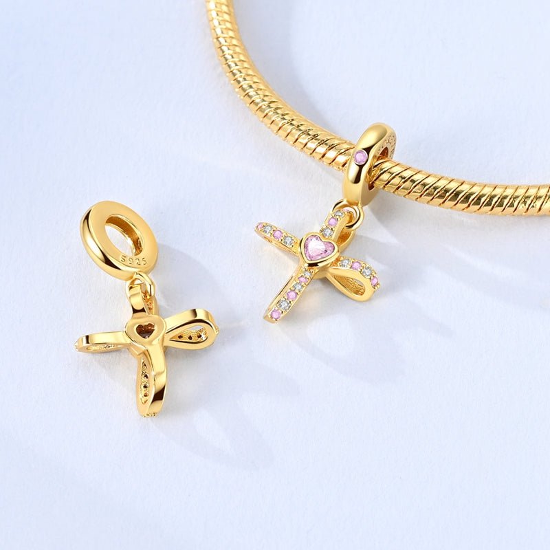 Gold Cross with Pink Heart Dangle Charm