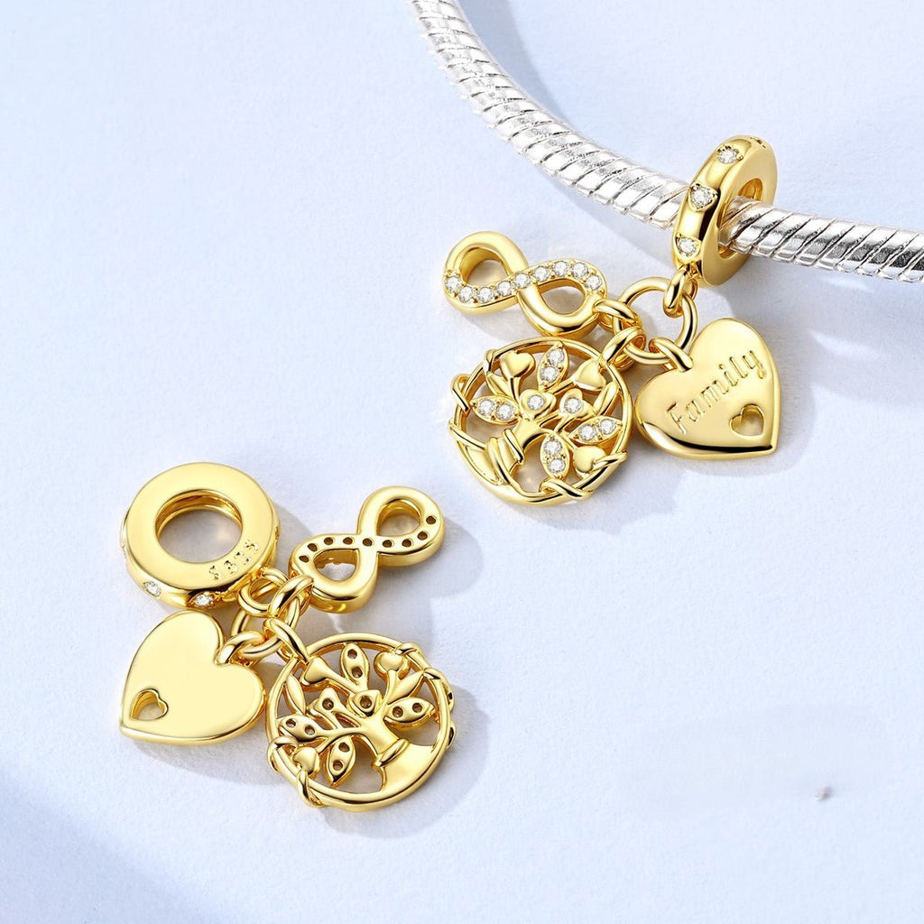 Gold Family Tree, Heart & Infinity Triple Dangle Charm