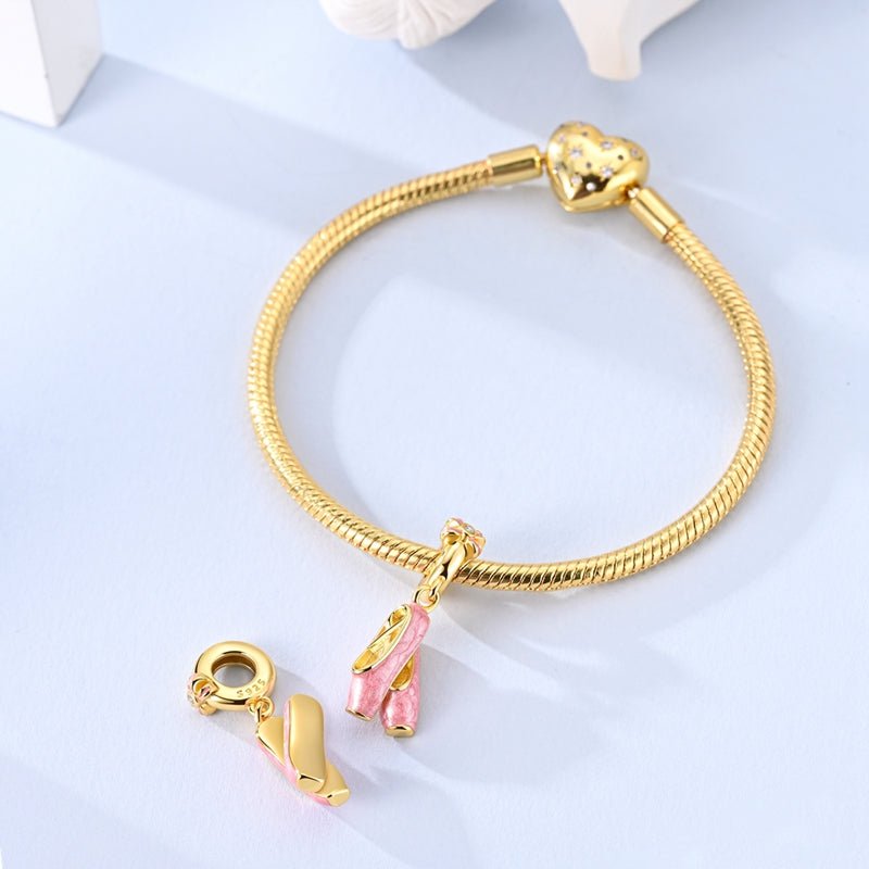 Gold Pink Ballet Shoes Dangle Charm