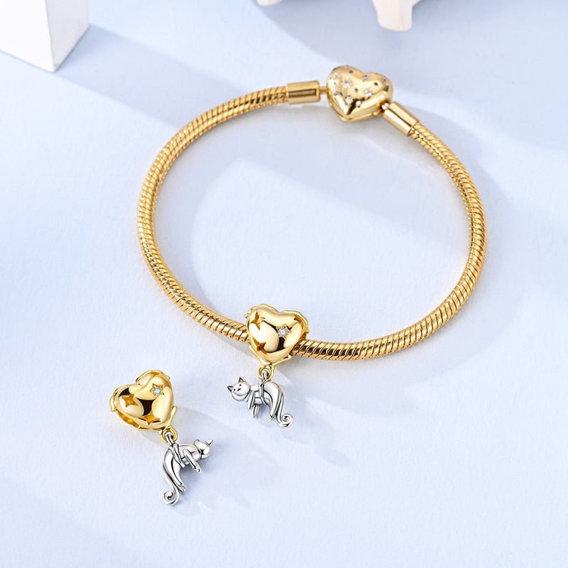 Golden Heart with Playful Cat Dangle Charm