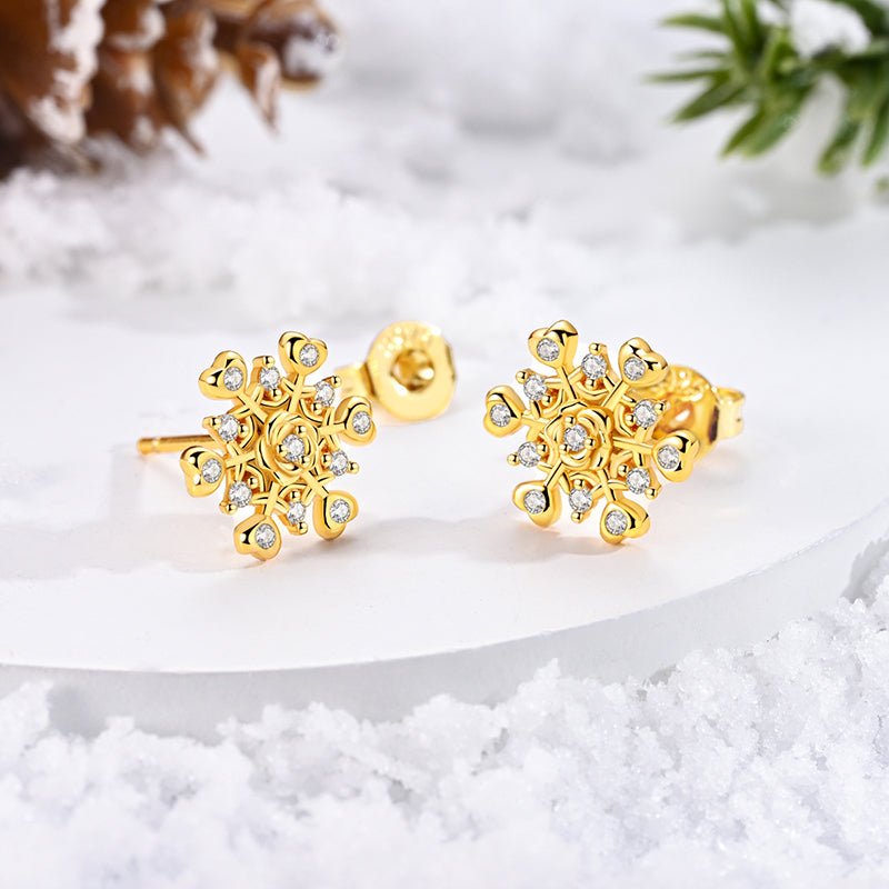 Golden Snowflake Heart Stud Earrings