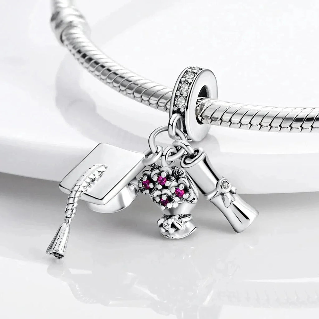 Graduation Cap, Diploma & Flowers Triple Dangle Charm