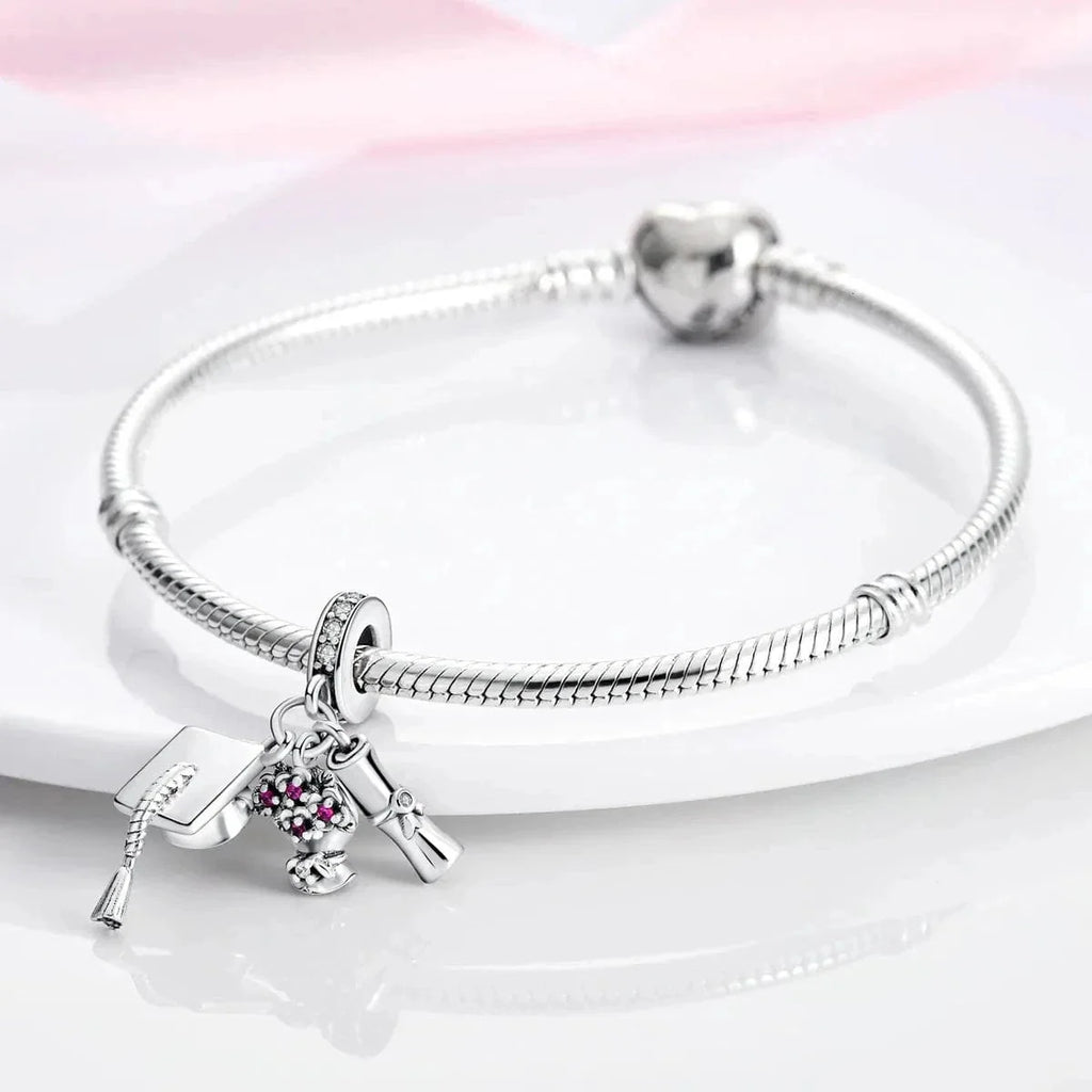 Graduation Cap, Diploma & Flowers Triple Dangle Charm