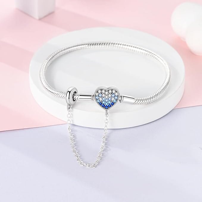 Heart Charm Bracelet with Blue Gradient Crystals and Safety Chain