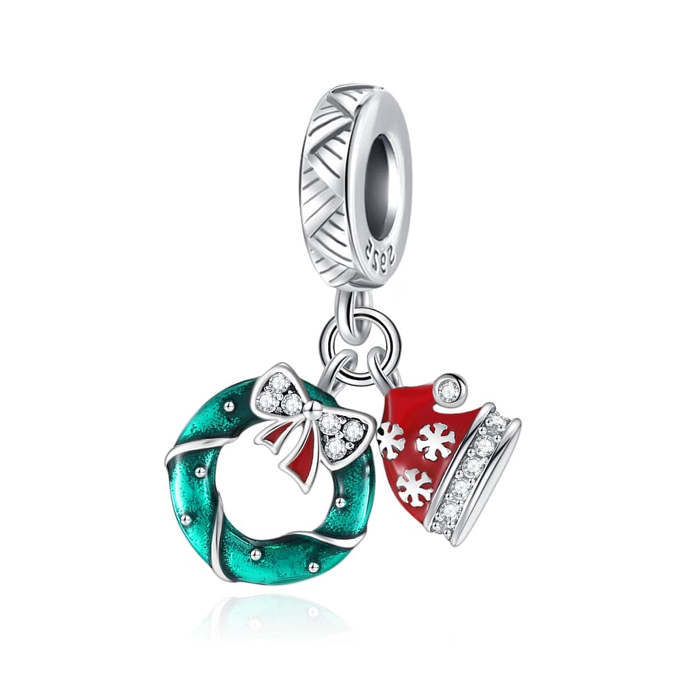 Holiday Wreath & Santa Hat Double Dangle Charm