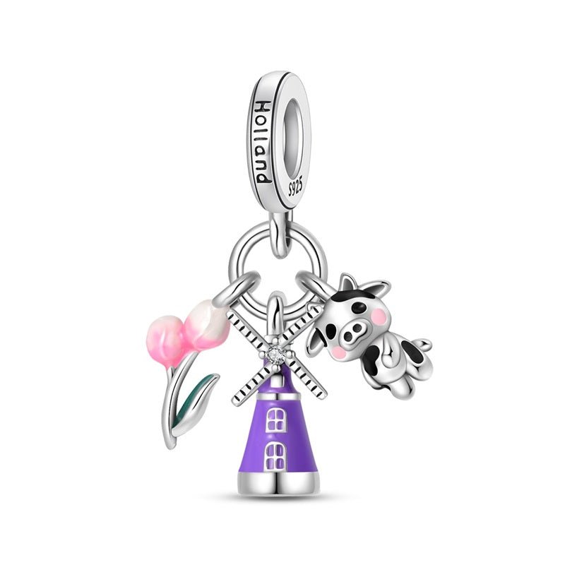Holland Windmill, Tulips & Cow Dangle Charm