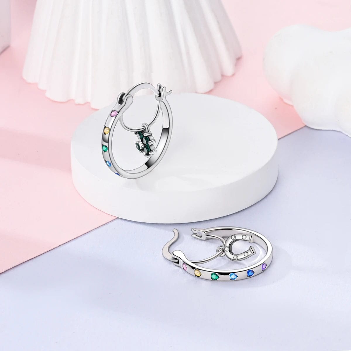 Lucky Horseshoe & Clover Hoop Earrings with Multicolored Heart Accents