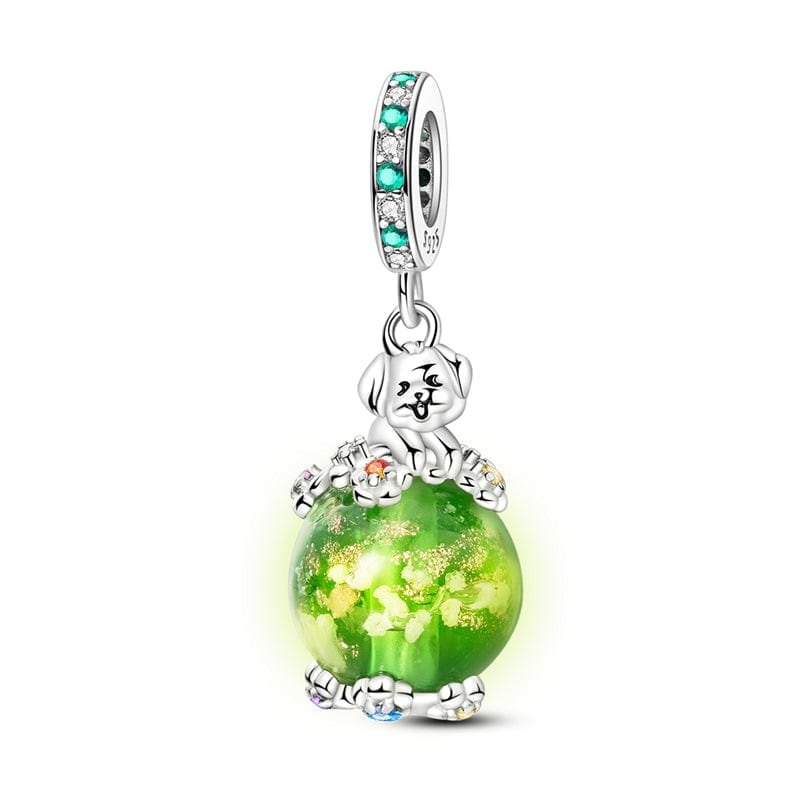 Luminous Dog with Green Crystal Globe Dangle Charm
