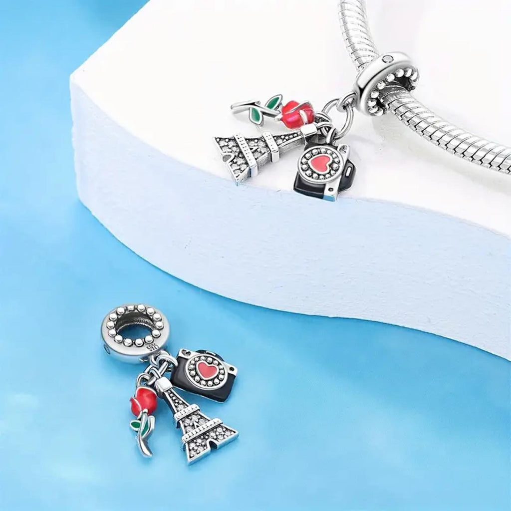 Paris Eiffel Tower Camera and Rose Dangle Charm