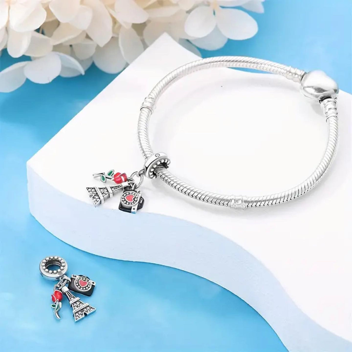 Paris Eiffel Tower Camera and Rose Dangle Charm