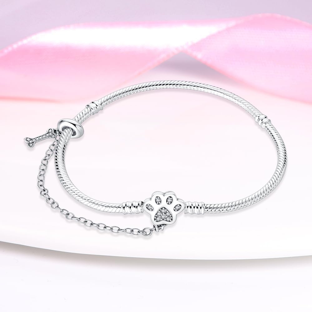 Paw Print Charm Bracelet with Bone and Safety Chain