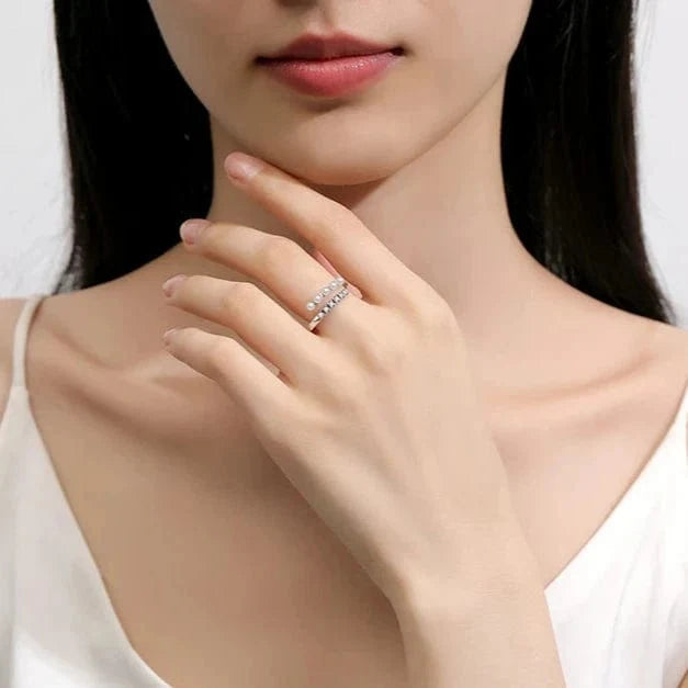 Pearl & Zircon Stone Adjustable Ring – Dual Row Design