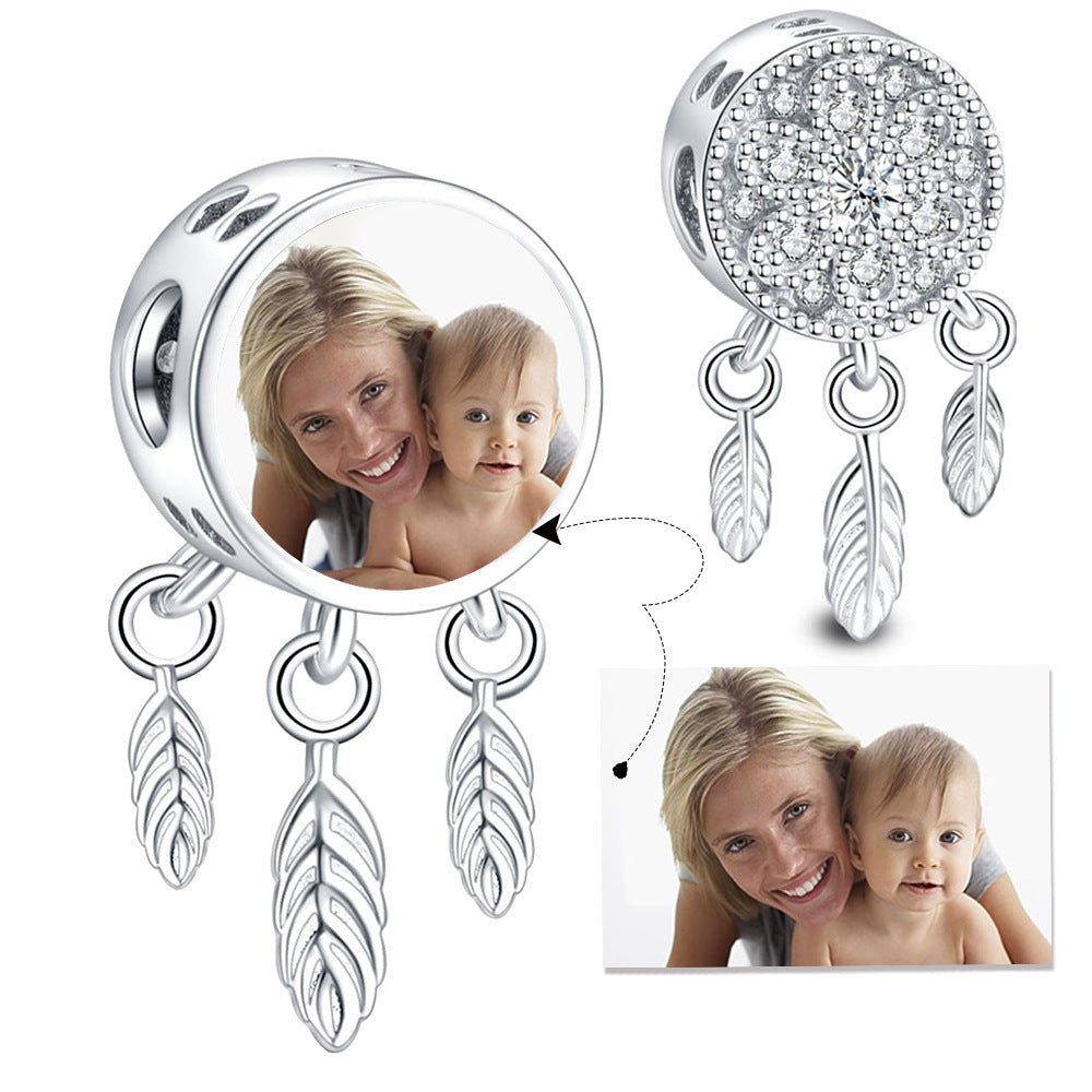 Personalized Photo Charm with Feather Pendants