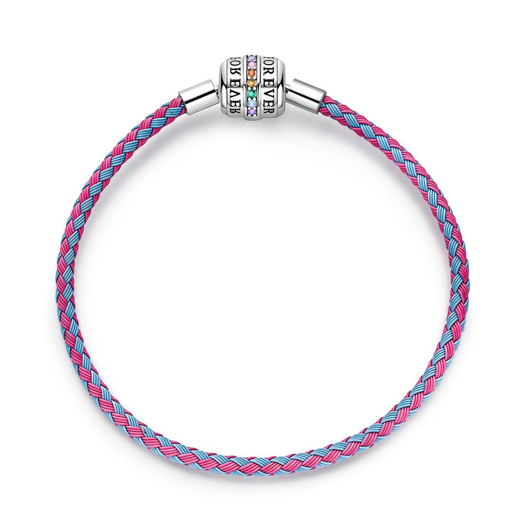 Pink & Blue Braided Leather Bracelet with Forever Clasp
