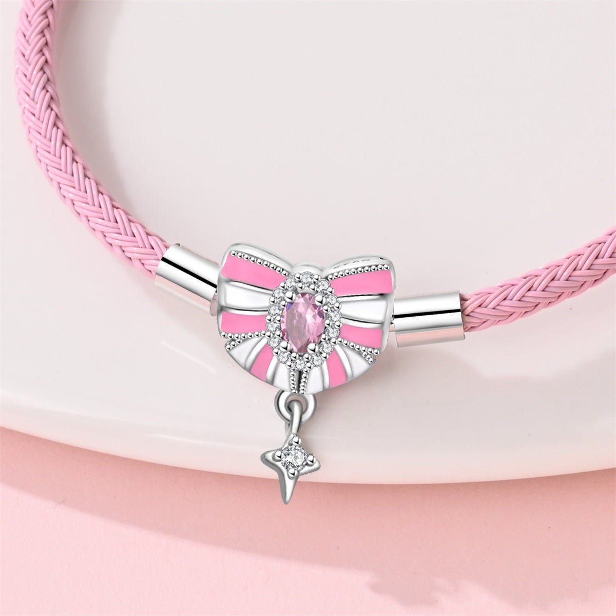 Pink Bow & Star Dangle Leather Bracelet