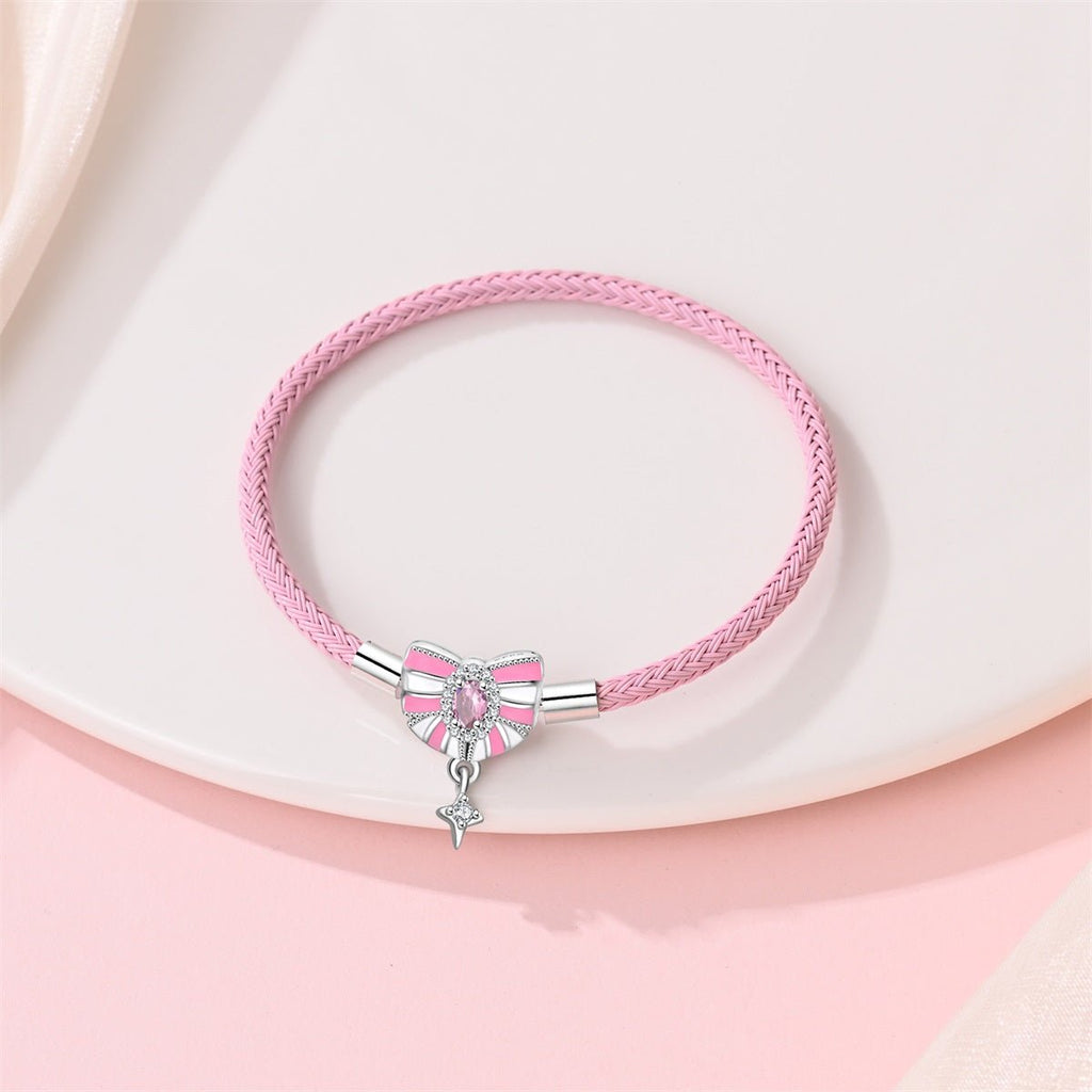 Pink Bow & Star Dangle Leather Bracelet