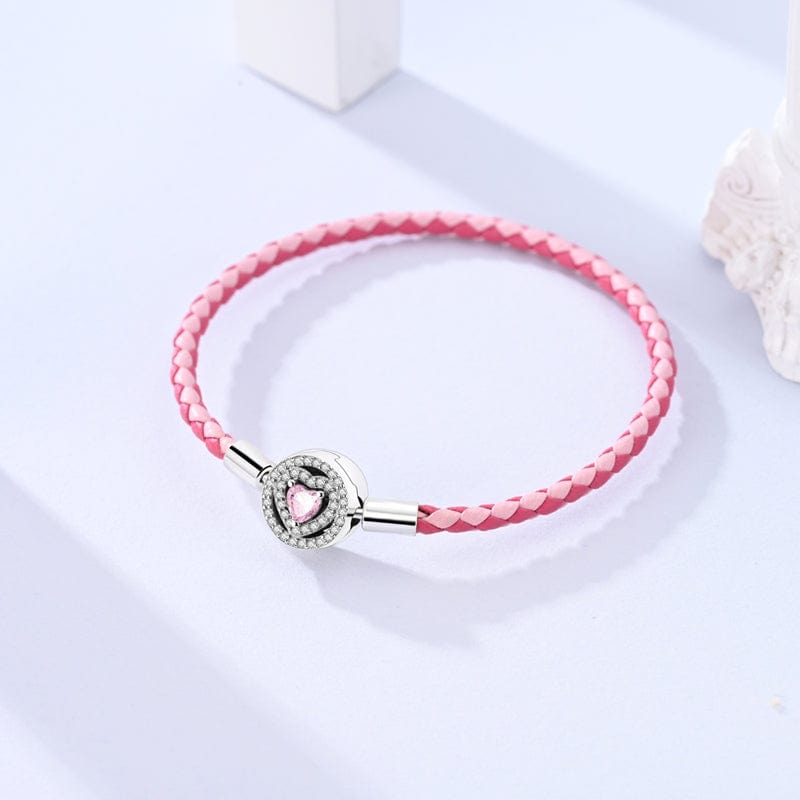Pink Braided Leather Bracelet with Heart Clasp