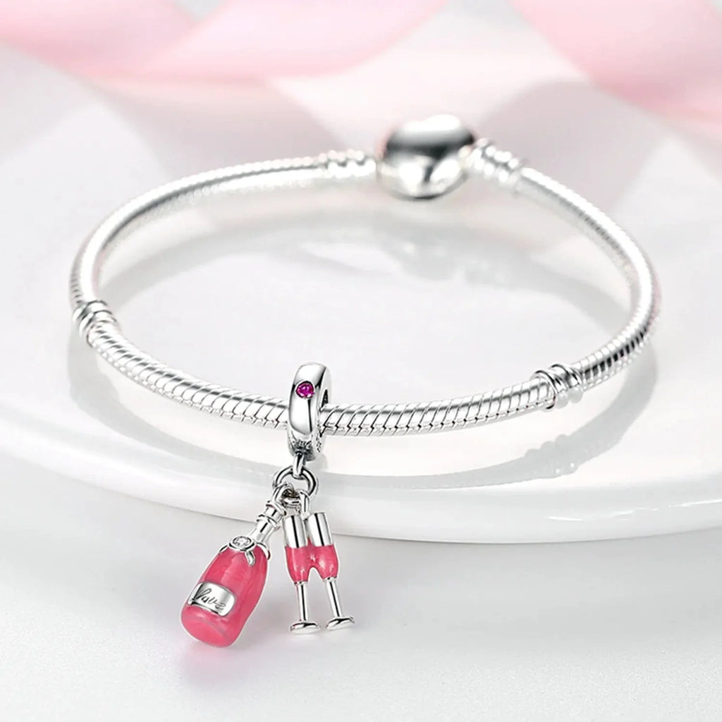 Pink Champagne Bottle and Glasses Celebration Charm