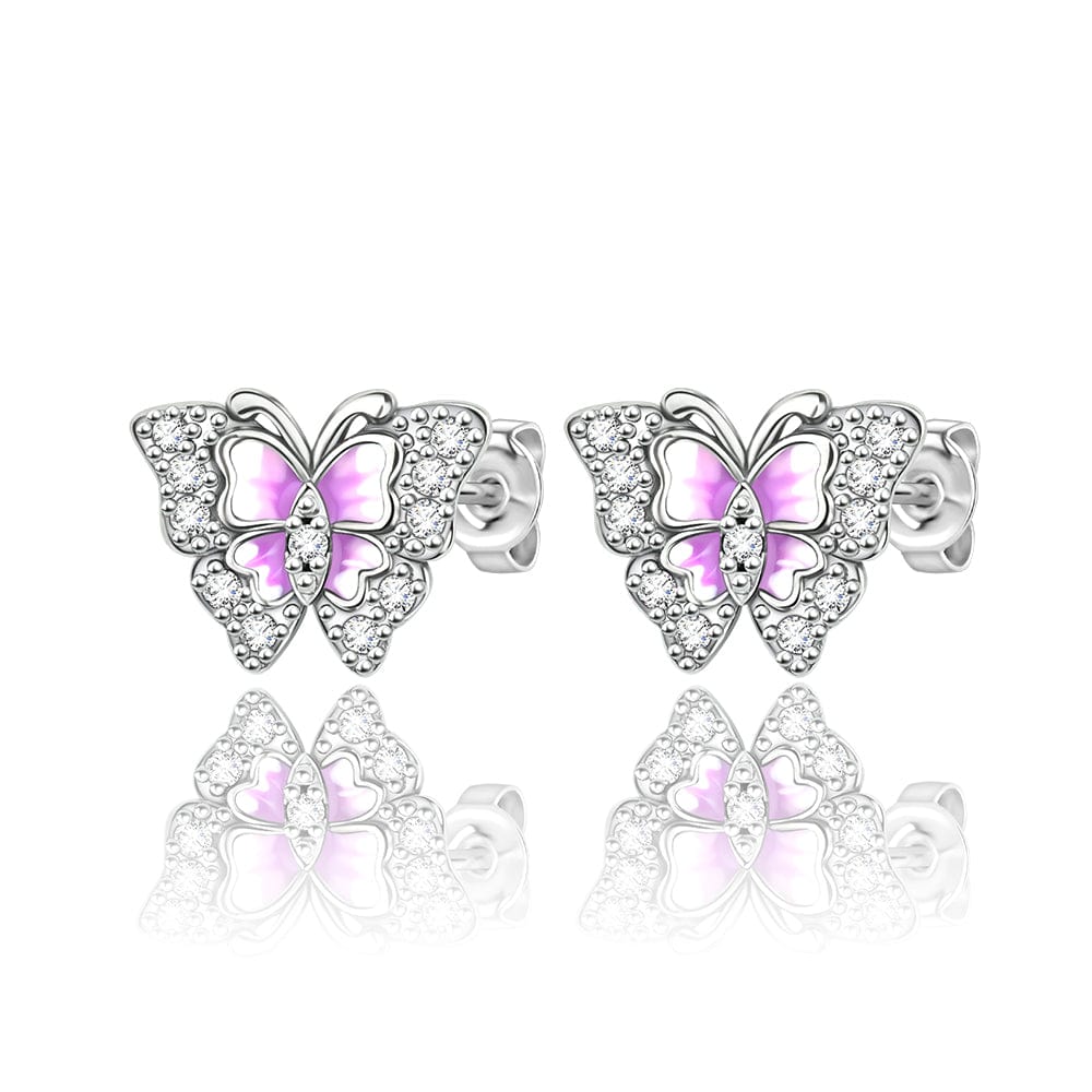 Pink Enamel Butterfly Stud Earrings with Crystal Accents