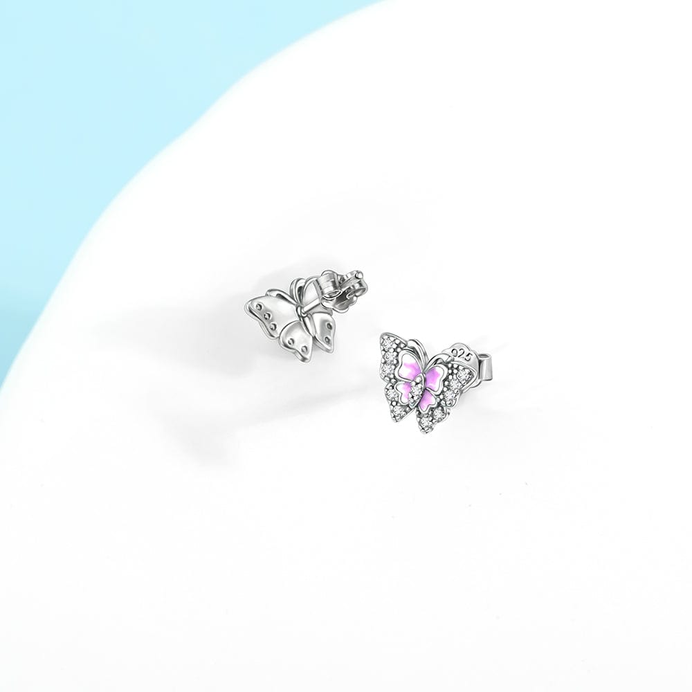 Pink Enamel Butterfly Stud Earrings with Crystal Accents