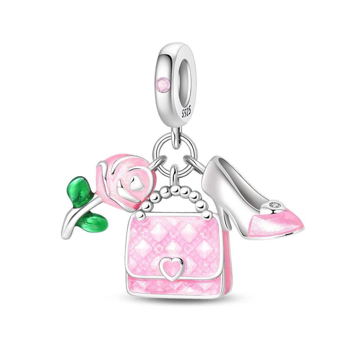 Pink Handbag, Rose, & High Heel Dangle Charm
