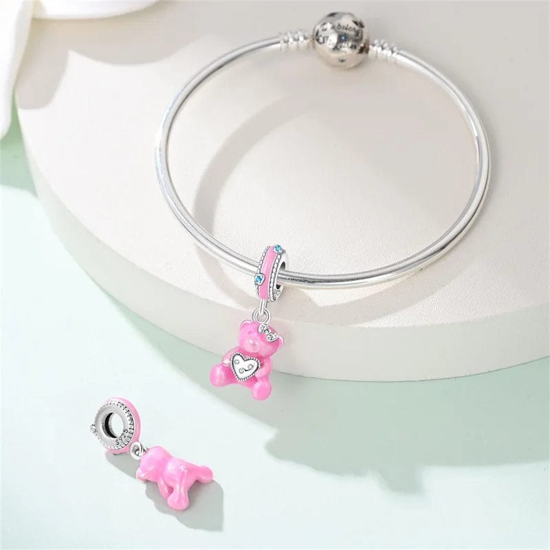 Pink Teddy Bear & Heart Dangle Charm