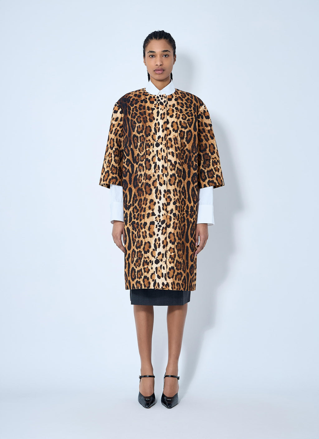 Prada Women Single-Breasted Leopard Print Drill Coat