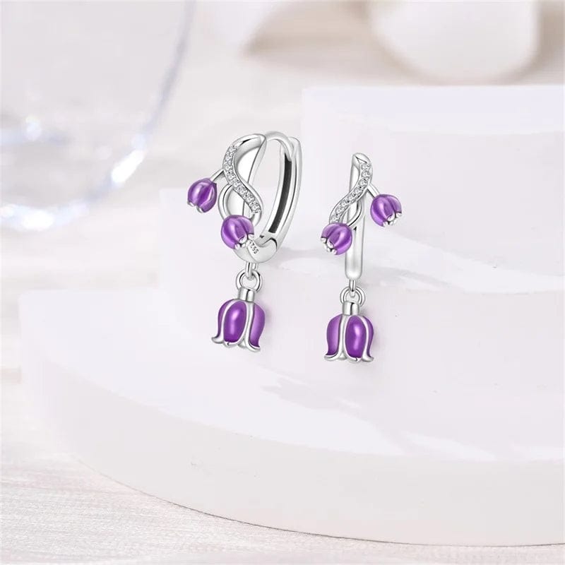 Purple Bellflower Dangle Hoop Earrings