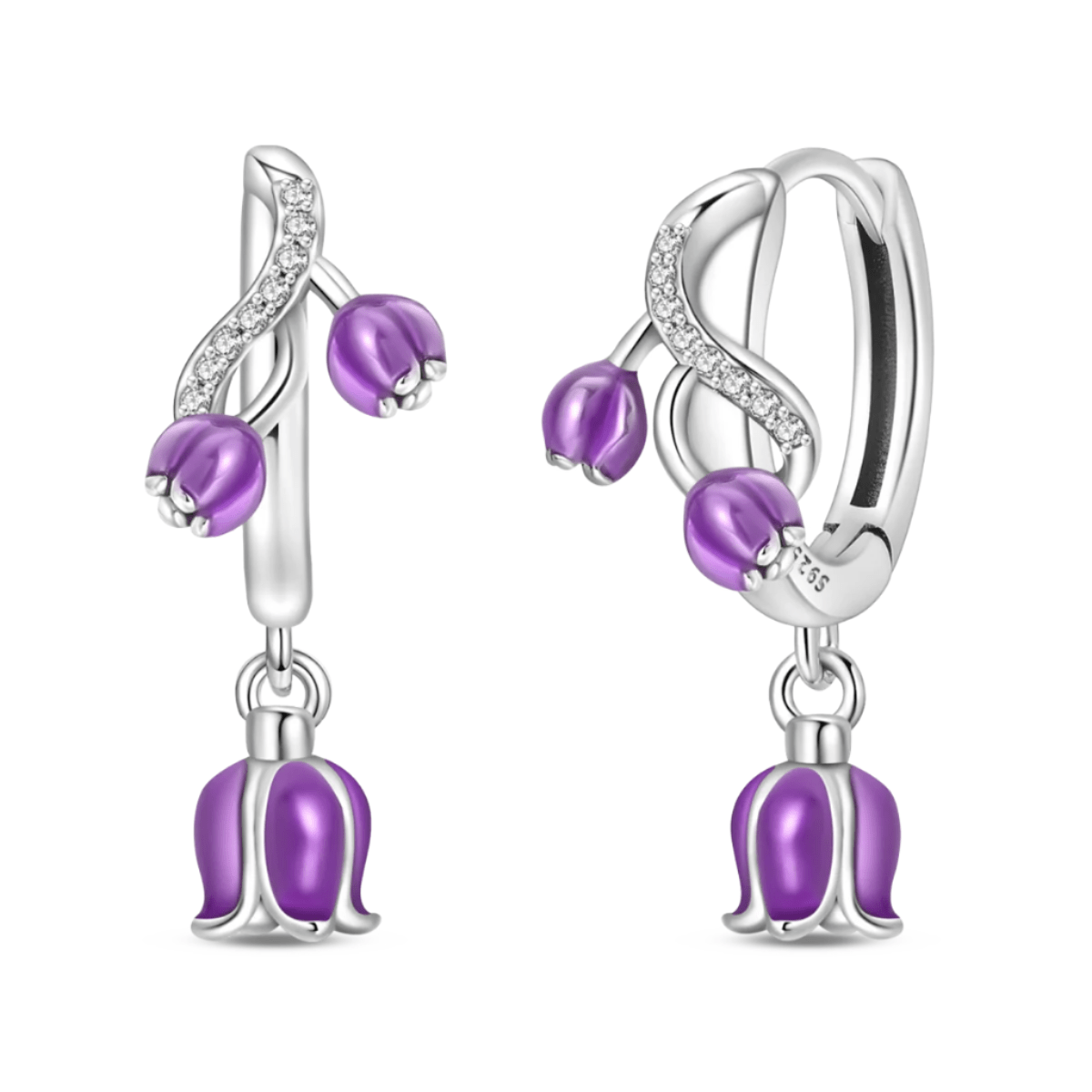 Purple Bellflower Dangle Hoop Earrings
