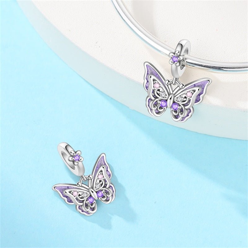Purple Butterfly with Flowers Dangle Charm