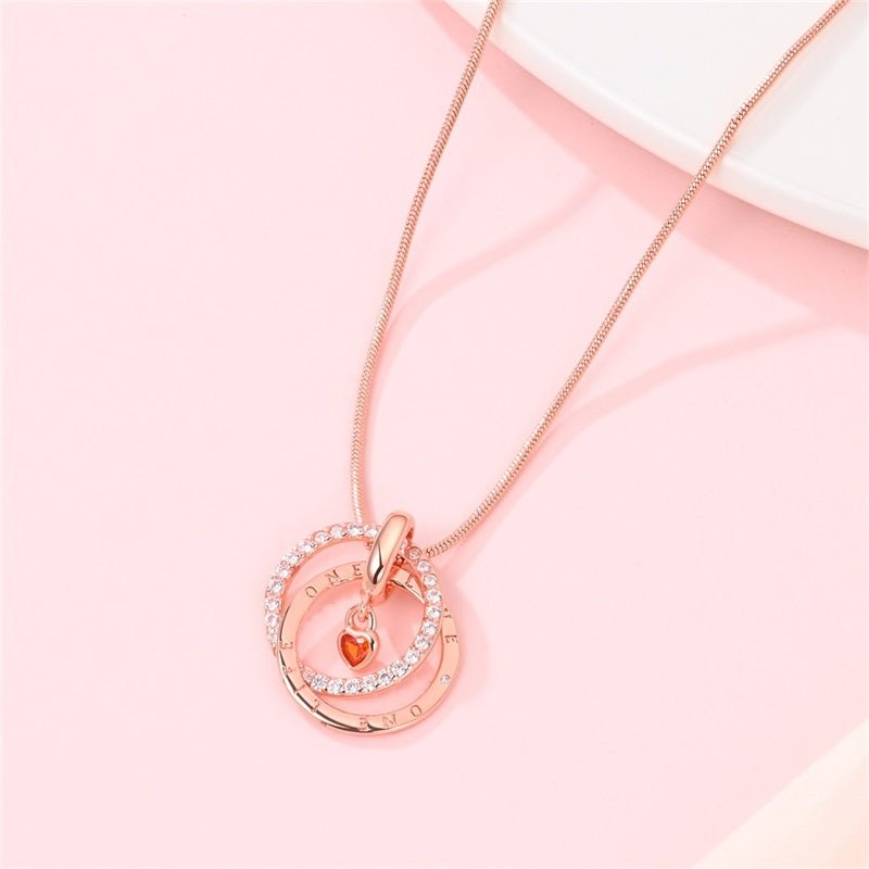 Rose Gold Double Circle Necklace with Heart