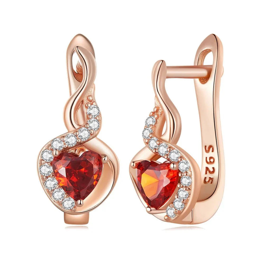 Rose Gold Flame-Heart Crystal Hoop Earrings
