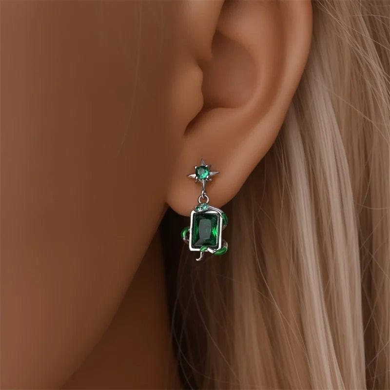Silver Star & Green Gemstone Vine Drop Earrings