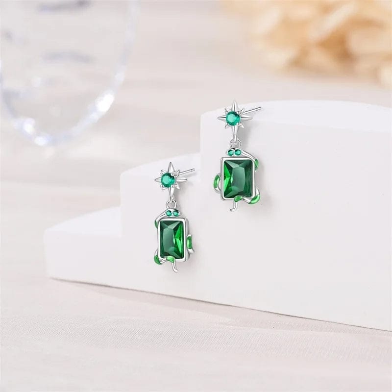 Silver Star & Green Gemstone Vine Drop Earrings