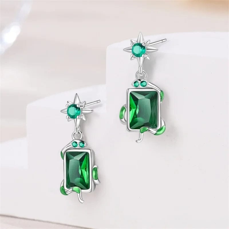 Silver Star & Green Gemstone Vine Drop Earrings